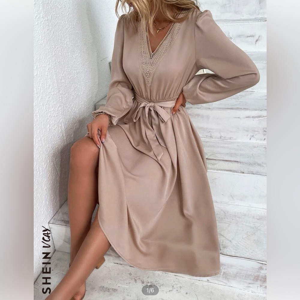Lace Inserted Belted Dress